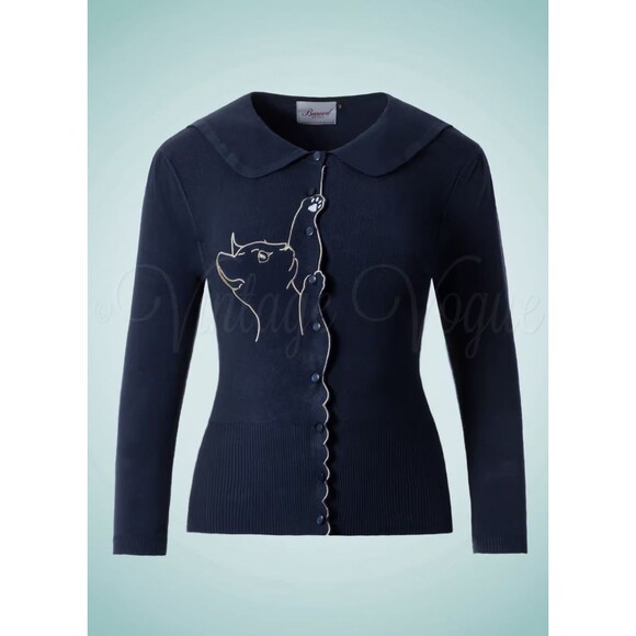 Cat Embroidered Cardigan by Banned Retro in Navy - Picture 2 of 5
